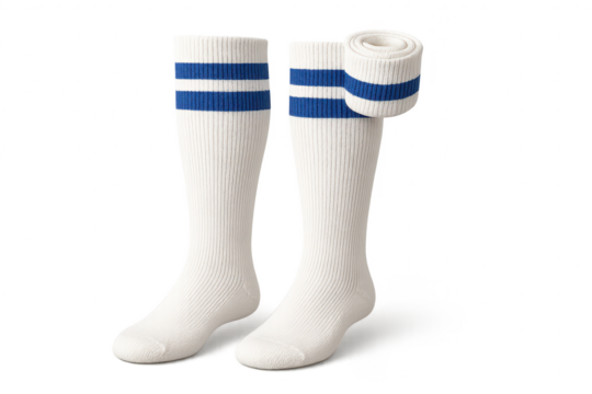 Pair of white sports socks with blue stripes isolated on transparent background.