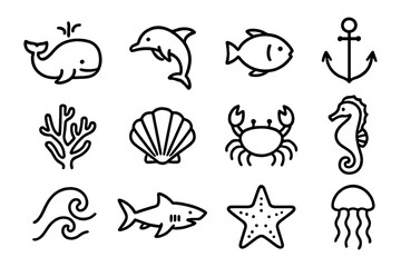 Oceanic marine life icons set: whales, dolphins, fish, and more in simple line art style
