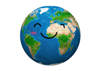 Happy Earth globe isolated PNG, smiling planet with continents and oceans on transparent background