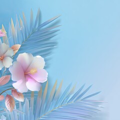 Floral corner design with pastel hibiscus and palm leaves on a light blue gradient