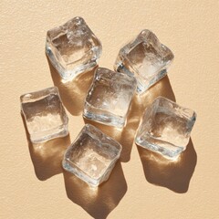Overhead shot of six translucent ice cubes scattered on a smooth, light-tan surface