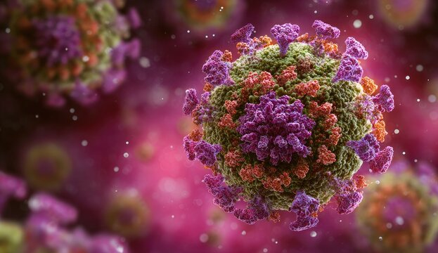 Microscopic view of a virus particle, with colorful protein spikes, floating in a fluid