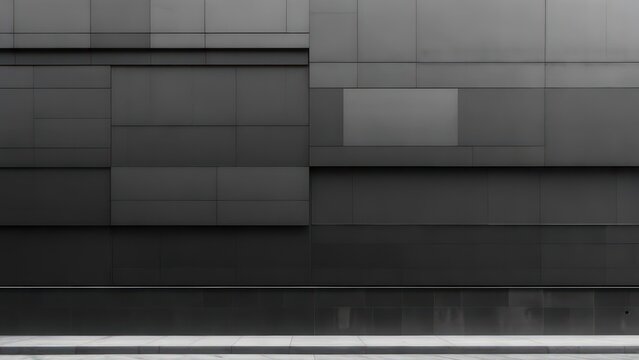 A sleek, modern building facade with varying shades of gray panels. Concrete path below - Powered by Adobe