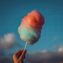 Hand holding a colorful, fluffy confection on a stick against a bright blue sky with clouds