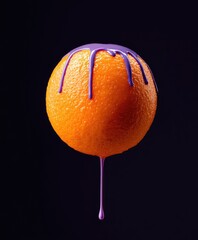 A vibrant orange, suspended with violet paint dripping down against a dark, simple backdrop