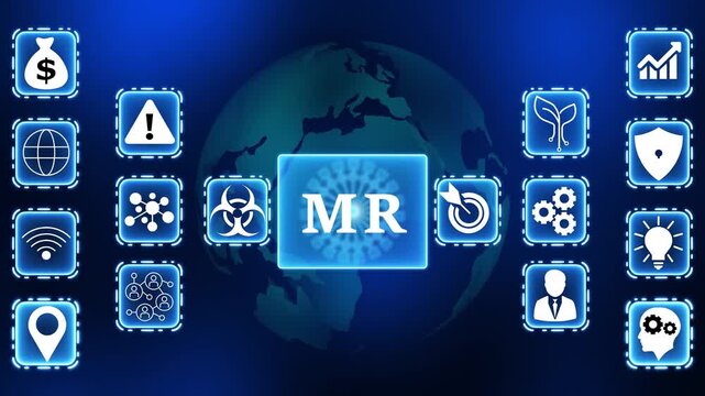 Global M R virus outbreak crisis management and business strategy icons with earth background digital technology concept