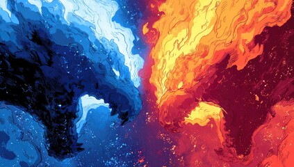Naklejka premium Abstract depiction of two elemental creatures clashing; one ice, one fire