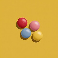 Four colored, round objects casting shadows on a bright yellow surface