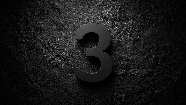 A black numeral "3" rests on a textured, dark surface. Dramatic lighting and shadow play