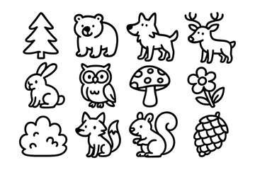 Cute woodland animals and nature icons in simple black and white doodle style
