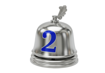 Silver service bell with blue number 2 isolated, elegant call bell for hotel or restaurant PNG