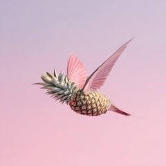 Surreal composite a pineapple transformed into a bird with pink wings, soaring in a gradient sky