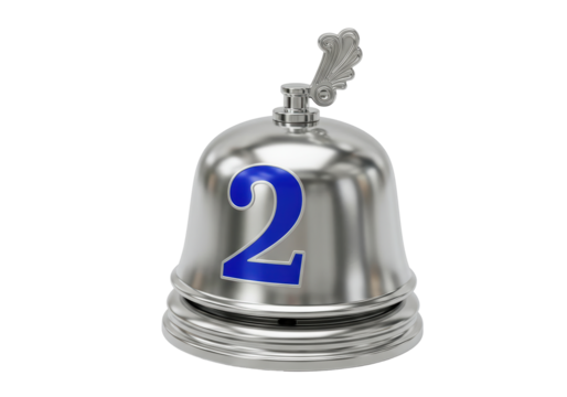 Silver service bell with blue number 2 isolated, elegant call bell for hotel or restaurant PNG