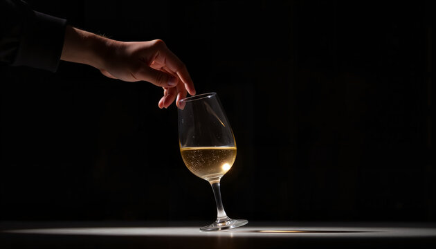 Hand reaching for wine glass in dark setting  