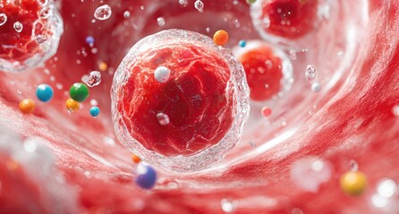 Microscopic view of blood vessel interior, showcasing cells & various coloured particles