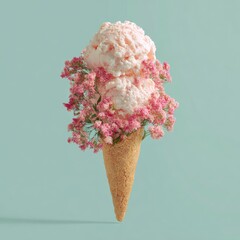 A whimsical ice cream cone topped with pink scoops and delicate pink blossoms