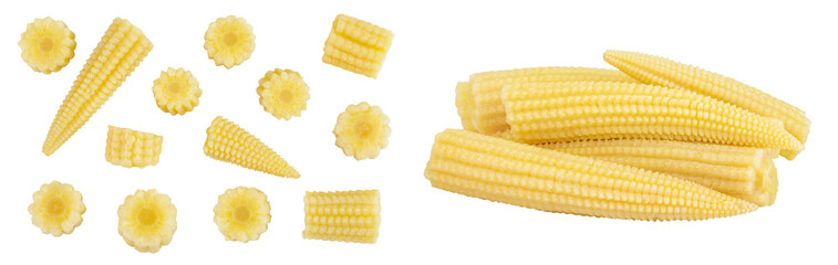Pickled young baby corn cobs isolated on white background. Top view. Flat lay