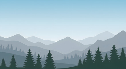 Mountain Landscape Illustration with Pine Trees