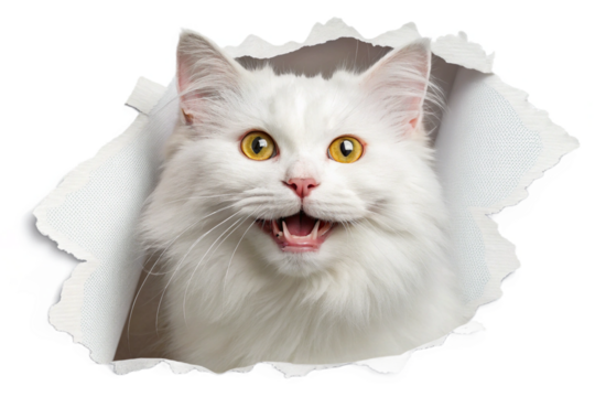 Transparent background photo of a smiling white cat. Cute. Adorable. Joyful. Satisfied. Happy.