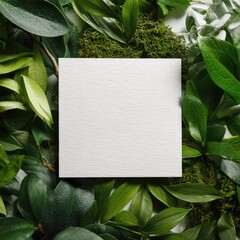 A square white card sits centered, surrounded by lush green foliage and moss