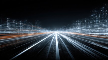 Nighttime Highway with Glowing Lane Lines and Urban Lights in Motion Blur Effect