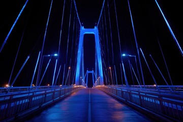 Thick Bundles of Cables Supporting a Stunning Nighttime Suspension Bridge Illuminated in Blue