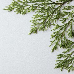 Overhead shot of a light, textured surface with green, leafy sprig in top corner