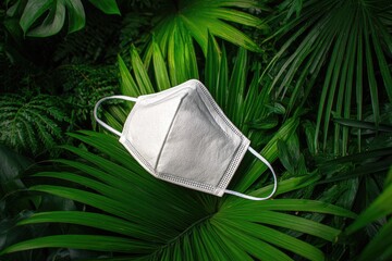White face mask rests atop vibrant green tropical leaves, symbolizing nature and protection