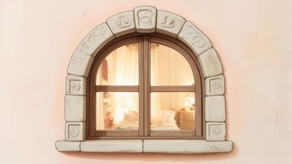 Fototapeta premium Arched stone window frames a warm, inviting interior scene with soft lighting