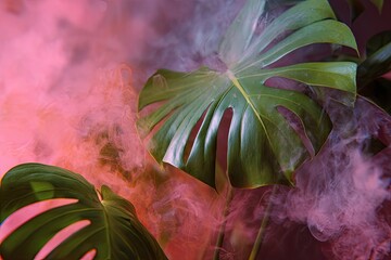 Lush, green tropical plant leaves enveloped in swirling pink and orange colored smoke