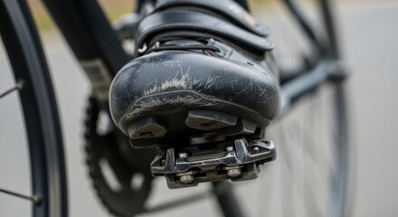 Close-up of cycling shoe engaged with clipless pedal on bicycle
