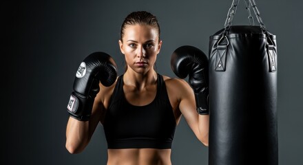 Young caucasian female boxer training with punching bag in gym
