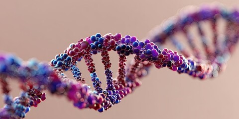 A detailed depiction of a DNA double helix, rendered with vibrant colors and a soft background