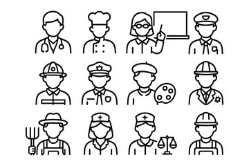 Set of profession icons in outline style featuring various occupations