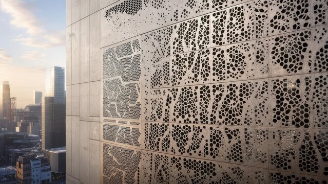 Building facade with intricate, patterned metal paneling against a hazy city skyline