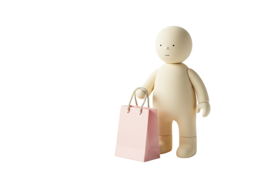 Minimalist faceless figure with pink shopping bag isolated on transparent background, modern design