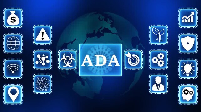Global digital network A D A concept with interconnected icons representing finance growth security innovation and health risks on earth background