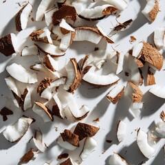 Overhead view of coconut pieces scattered across a white surface