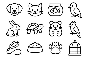 Fototapeta premium Simple pet icons featuring animals and accessories in clean black and white outline style