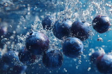 Blueberries falling into crystal clear water for a juice or fruit commercial
