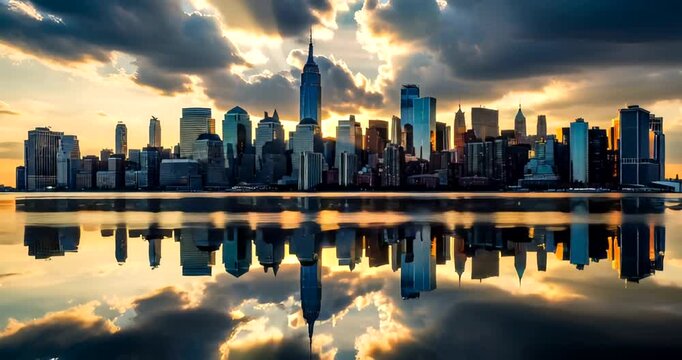 Stunning sunset over a city skyline with reflections in the water
