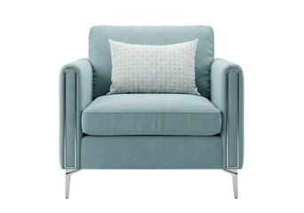 Modern light blue armchair with pillow isolated on white, contemporary furniture for living room