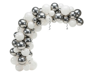 Balloon arch isolated on transparent background, silver and white balloons decoration for party