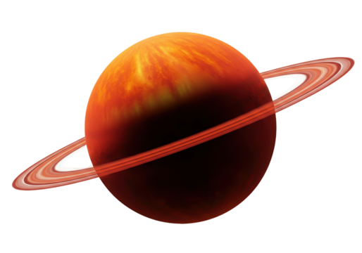Red and orange gas giant planet with rings isolated, space exploration concept on transparent PNG