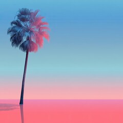 A solitary palm tree with gradient sky in pinks, blues, and teal reflecting in a mirrored surface