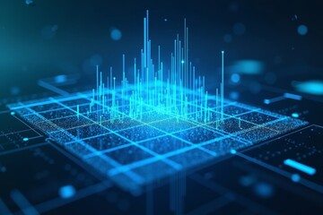 Futuristic Holographic Statistical Data Processing Projected on Grid Network in Air, Against Blue Background