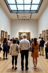 Visitors tou an art gallery featu classic paintings in a well-lit modern museum with wooden floo and a glass ceiling