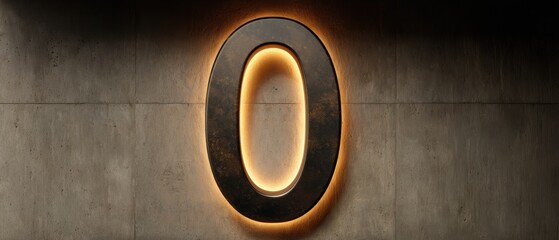 Large Glowing Number Zero Displayed on a Museum Pedestal Against a Concrete Background
