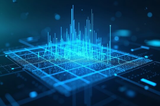 Futuristic Holographic Statistical Data Processing Projected on Grid Network in Air, Against Blue Background - Powered by Adobe