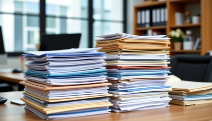 Overwhelmed office worker with towe stacks of paperwork and documents on a cluttered desk inside a modern corporate office space with bookshelves